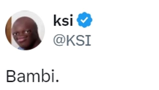 KSI stood up for Miniminter and honored Fury with a simple tweet, writing 'Bambi' on X