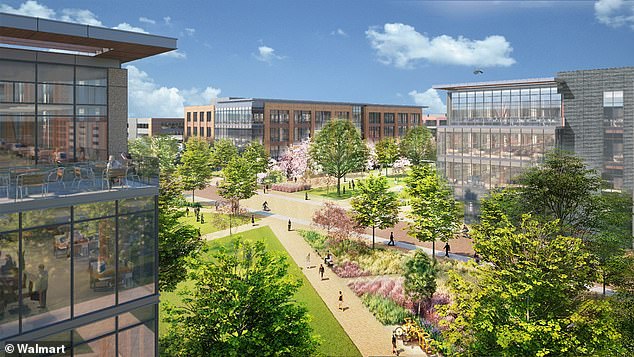 The giant grocer demolished the existing buildings to replace them with twelve new office buildings, several amenities buildings, parking decks and green space.  (photo: a rendered version of Walmart's future headquarters)