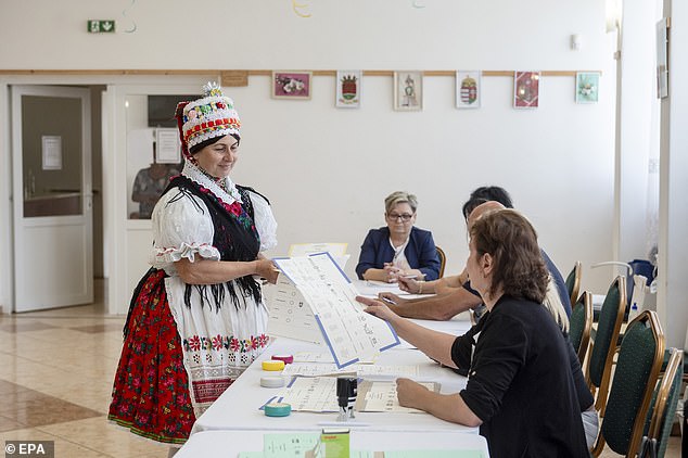 A woman in national costume receives her ballot papers at a polling station during the European Parliament and local elections in Vizslas, Northern Hungary