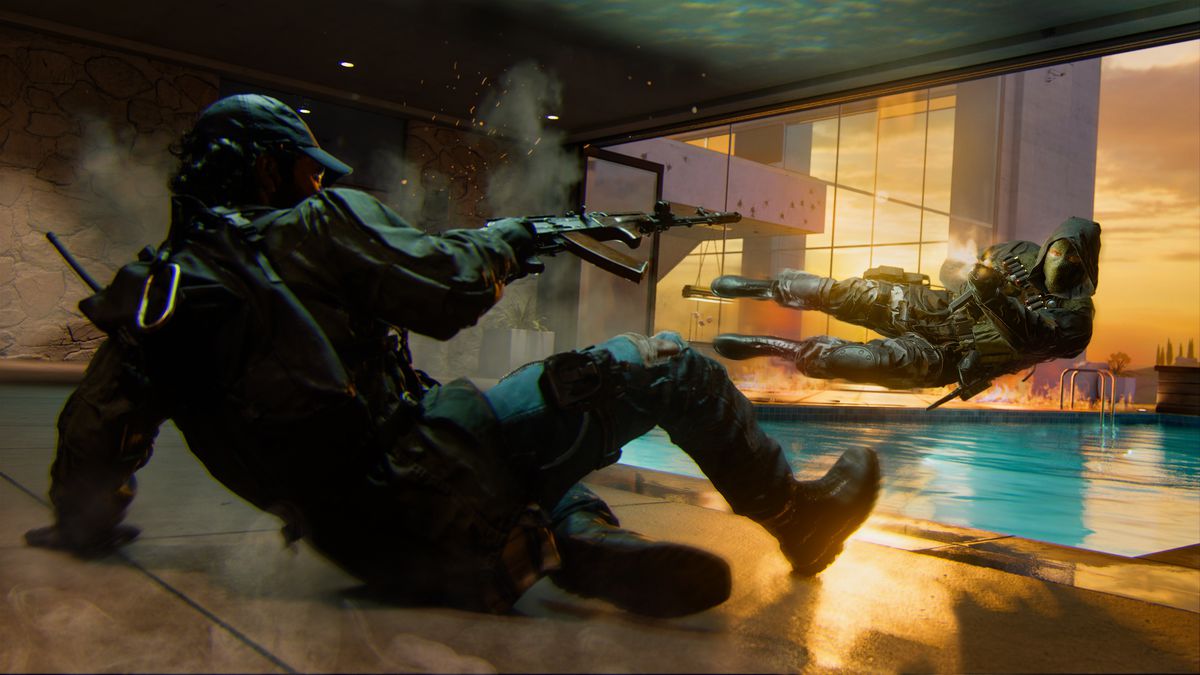 Two soldiers face off, one sliding into an indoor pool and the other jumping while shooting in a screenshot from the Call of Duty: Black Ops 6 multiplayer mode