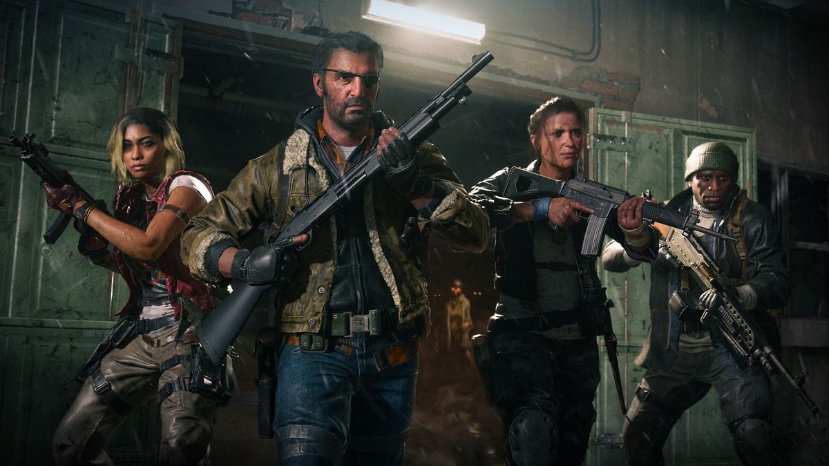 The cast of Call of Duty 6's Zombies mode stand heavily armed outside a bunker door in a screenshot from the game