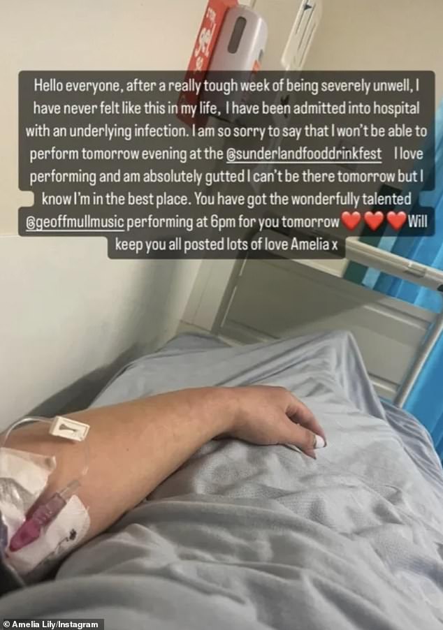 Amelia - who has diabetes - shared a photo of herself in hospital on a ward connected to a drip, revealing she was 'gutted' to have to cancel her upcoming scheduled gig in Sunderland