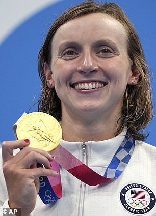 She is considered the greatest female American swimmer of all time.  Pictured during the 2021 Tokyo Olympics