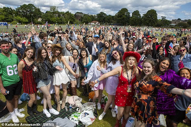 He suggested that Taylor's own fans, nicknamed Swifties, could be the ones to convince her by displaying banners at her concerts asking her to stop using private planes (fans pictured in Edinburgh on Friday)