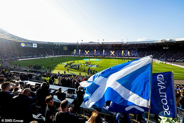 The Saltire flies as the teams prepare for the 'farewell' friendly at Hampden