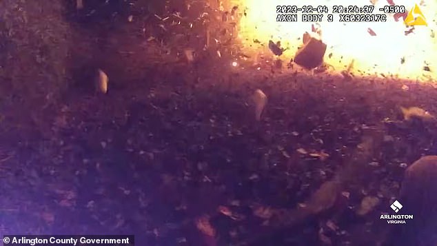 The bodycam shows an officer being blown back by the sudden explosion.  After shouting some obscenities.  the officer turns and runs away