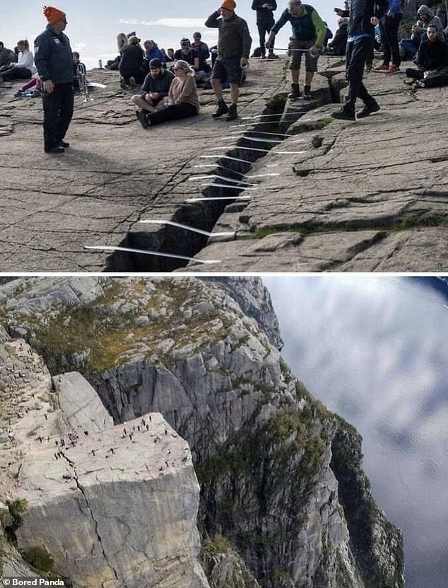 Risky business!  Meanwhile, in Norway, hikers tried to use tape to repair a huge crack in the rock face of Preikestolen