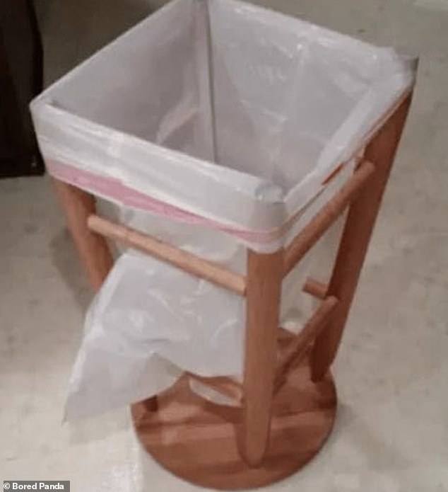 Someone in the US made his own homemade waste bin by turning a stool upside down and putting a bag in it