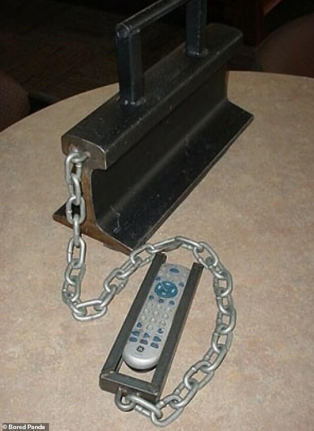 An extreme solution to the age-old problem of losing the TV remote;  this person did everything he could to ensure it would never be lost again, and chained it to a weight