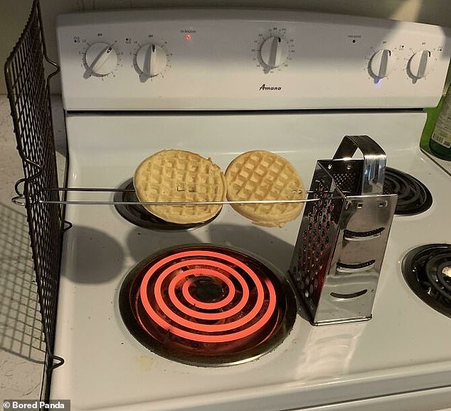 Where there is a will there is a way!  This homeowner has come up with a clever way to toast waffles if you don't have a grill or toaster