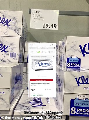 Kleenex Tissues cost $19.49 for a pack of eight at Costco - or $2.43 each - while the same single box costs $3 at Woolworths