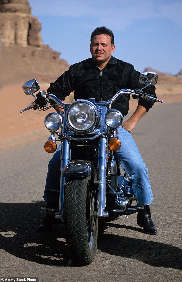 Speed ​​freak Abdullah is known for his love for motorcycles.  Above: King Abdullah II of Jordan on his Harley Davidson motorcycle during the filming of the 2002 travel documentary Jordan: The Royal Tour