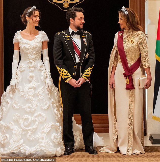 Princess Rajwa Al Hussein, Crown Prince Al Hussein bin Abdulla II and his mother, Queen Rania, during the royal wedding banquet in Amman, Jordan earlier this month