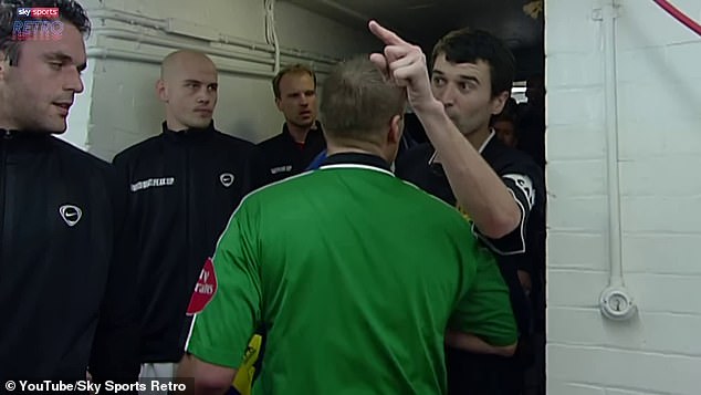 Keane was furious and pointed his finger at Vieira as referee Graham Poll tried to calm him down