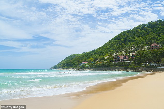 Nai Harn Beach (pictured) reportedly had a yellow flag flying when the family got into trouble in the water, while other nearby beaches flew a red flag