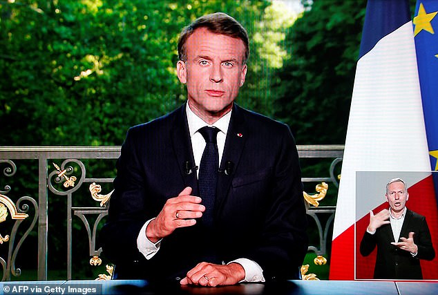 The drop came after the French president (pictured) suffered a humiliating defeat to Marine Le Pen's National Rally party, which was projected to take home 31.5% of the vote.