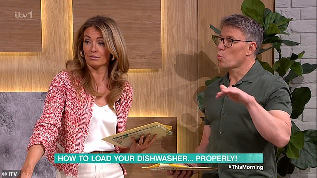 This Morning presenters Cat Deeley (pictured, left) and Ben Shephard (pictured, right) during today's segment on loading your dishwasher