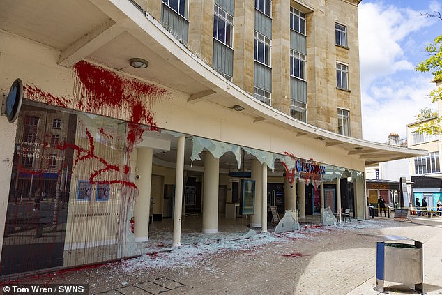 BRISTOL: Red paint was thrown over the Bristol city center branch in protest