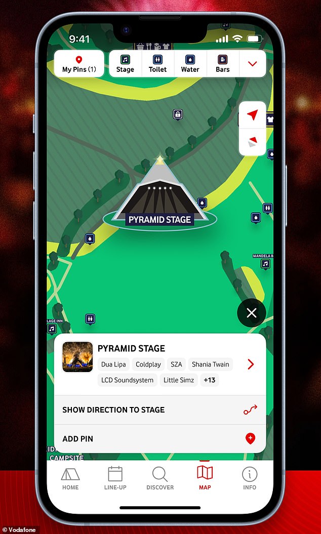 Map Pinning can be used to pin key locations across the 1,000-acre site, whether it's your tent, your car or your spot next to the Pyramid Stage