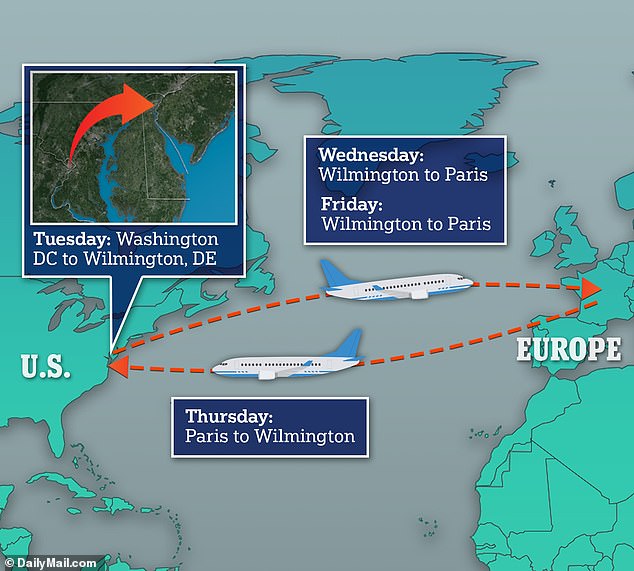 Jill Biden's trip last week: Tuesday night she flew from Washington, D.C., to Wilmington, Del.;  On Wednesday evening she flew from Wilmington to Paris;  She flew back to Wilmington from Paris on Thursday and returned to Paris on Friday