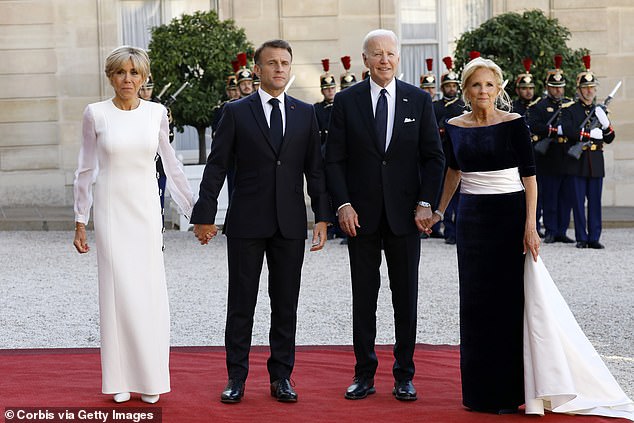 Brigitte Macron, French President Emmanuel Macron, US President Joe Biden and first lady Jill Biden at the Elysee Palace for Saturday evening's state dinner