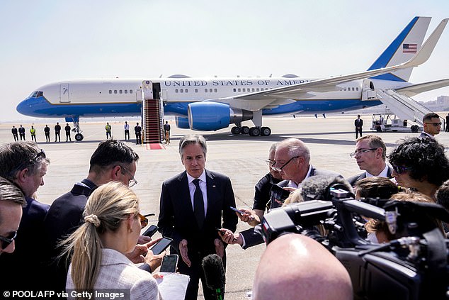 US Secretary of State Antony Blinken speaks to reporters after meeting the Egyptian president at Cairo airport on June 10, 2024