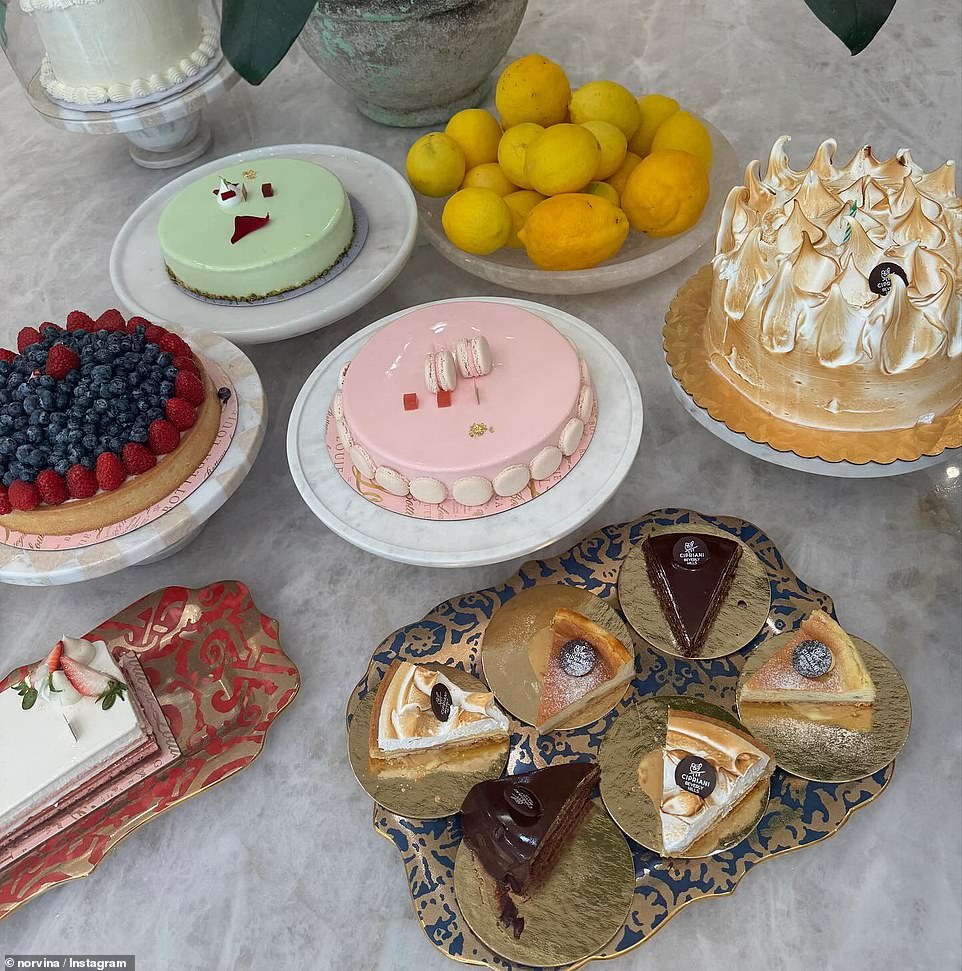 Lunch was served, as well as an array of luxurious cakes such as a lemon meringue cake from Cipriani Beverly Hills, a key lime pie and a fruit tart from Bottega Louie