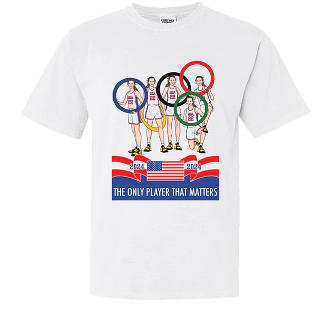 The t-shirt shows Clark holding the Olympic rings with the slogan 'the only player who matters'