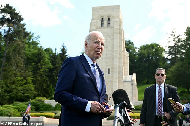 President Biden speaks to reporters during his visit to the Aisne-Marne American Cemetery to pay tribute to the fallen soldiers of World War I