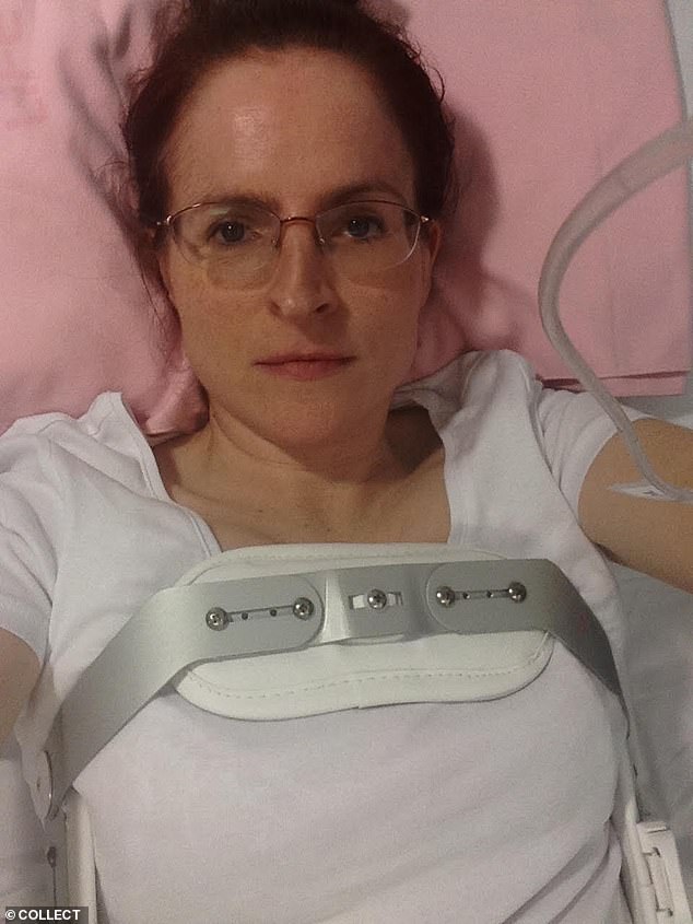 Mrs Cilliers in hospital wearing a chest brace after her husband's attempt to kill her