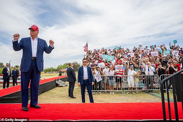 Former President Donald Trump arrived at his rally in Las Vegas on Sunday, where temperatures were approaching 100 degrees