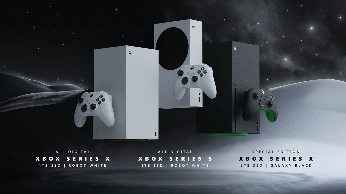 An image of a white all-digital Xbox Series