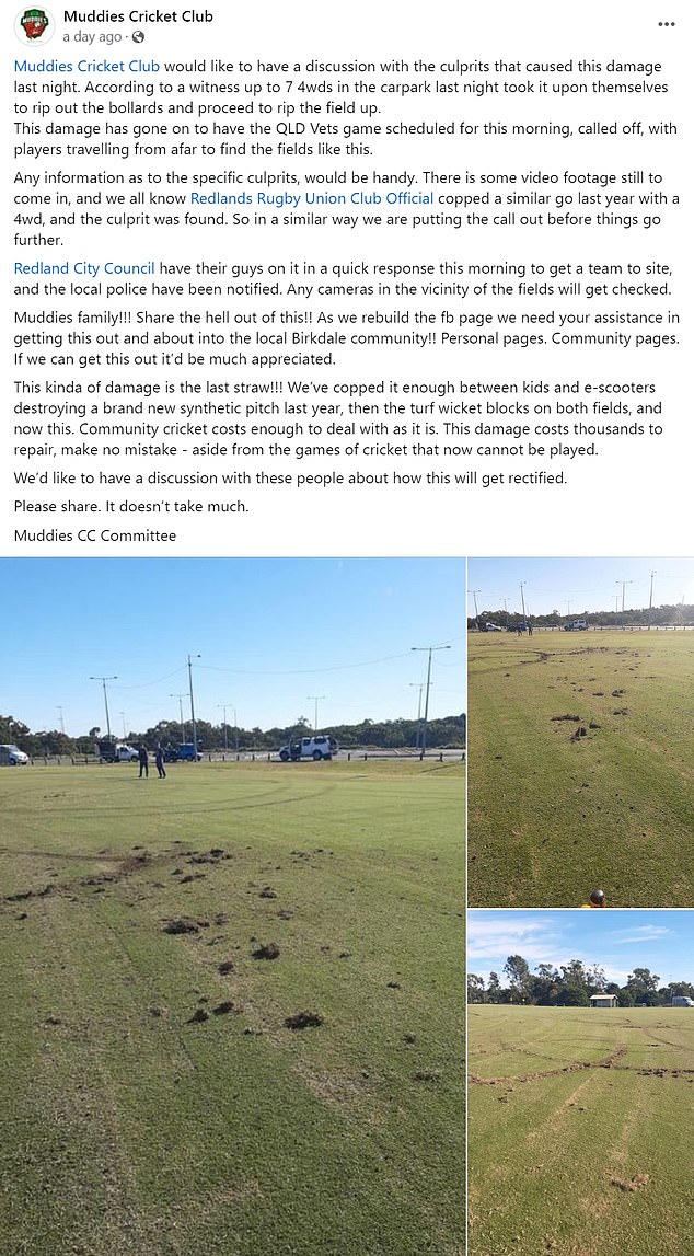 The cricket club has issued a public appeal to try to identify the hoons responsible for the vandalism
