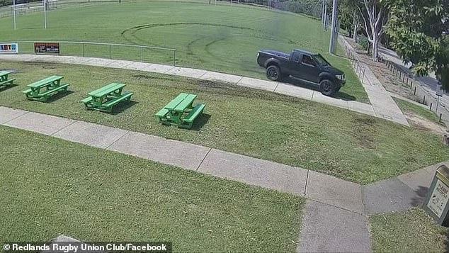 A driver was caught on CCTV vandalizing the adjacent rugby field with a black ute in January this year