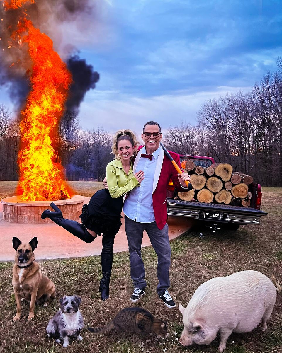 The couple is seen with their rescue animals after chopping some wood