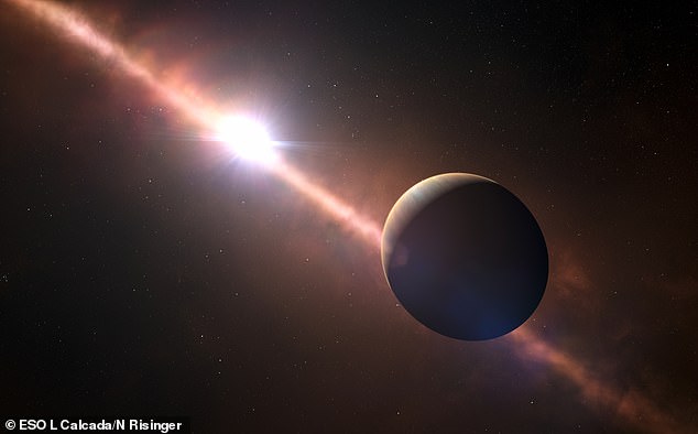 Artist's impression shows gas planet Beta Pictoris b in the foreground orbiting its star (Beta Pictoris)