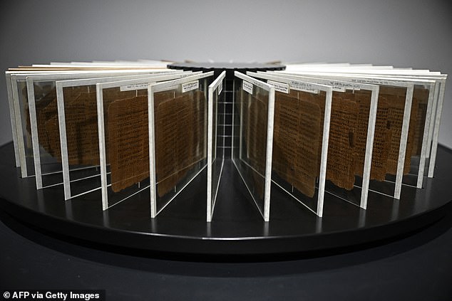 It is an early example of the transition from scroll to book, although the pages are no longer taped together and each is behind plexiglass.