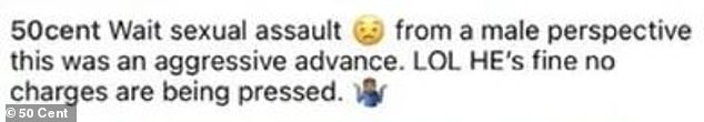 The rapper wrote in response: “Wait for sexual assault (frown emoji) from a male perspective this was aggressive progress.  LOL.  He is doing well, no charges will be filed.”