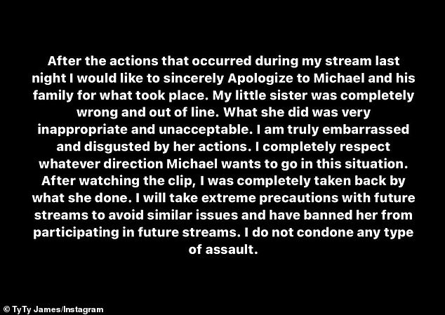 'My little sister was completely wrong and went too far.  What she did was deeply inappropriate and unacceptable,” he wrote, adding, “I completely respect the direction Michael wants to take in this situation.”