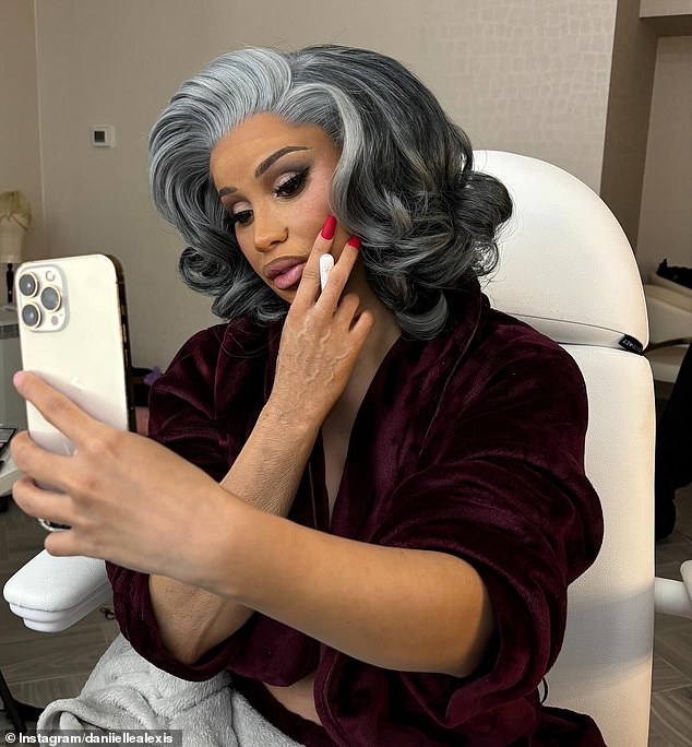 Cardi B's transformation included styling her long black locks into an old-fashioned bouffant hairstyle.  Daniielle also added 'aging lines' to her face and prosthetics to give the star the appearance of varicose veins on her forearms.