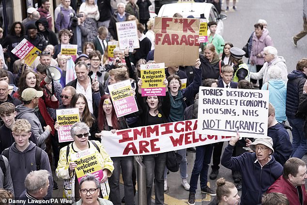 Anti-Farage protesters in Barnsley today.  There is no indication that anyone in the photo attacked him