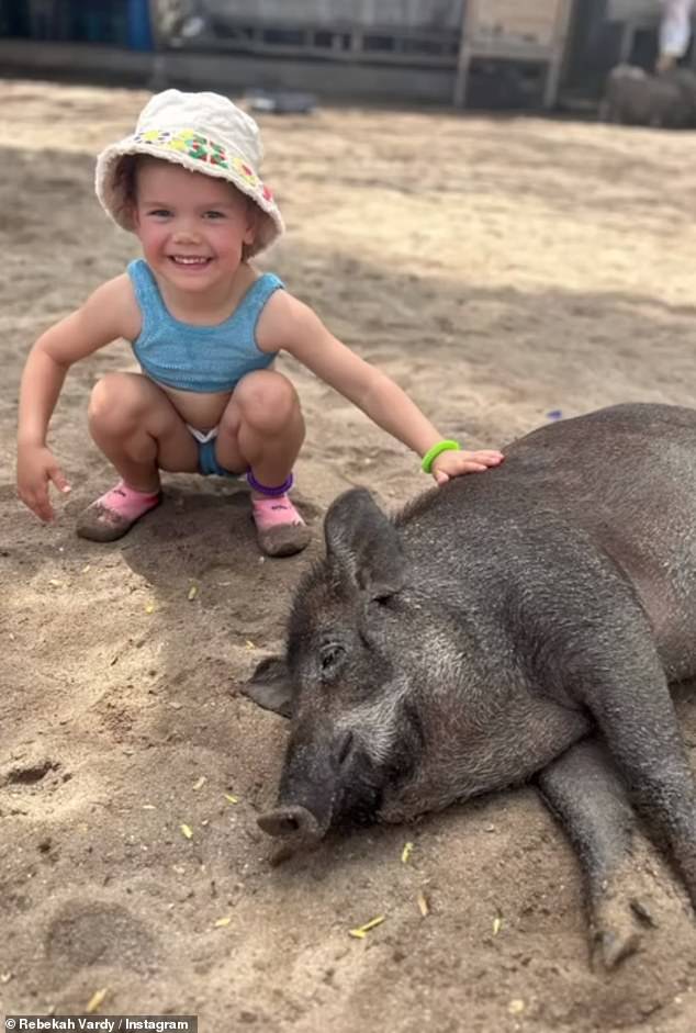 Youngest daughter Olivia laughs with a sleeping pig during a trip to Pig Island