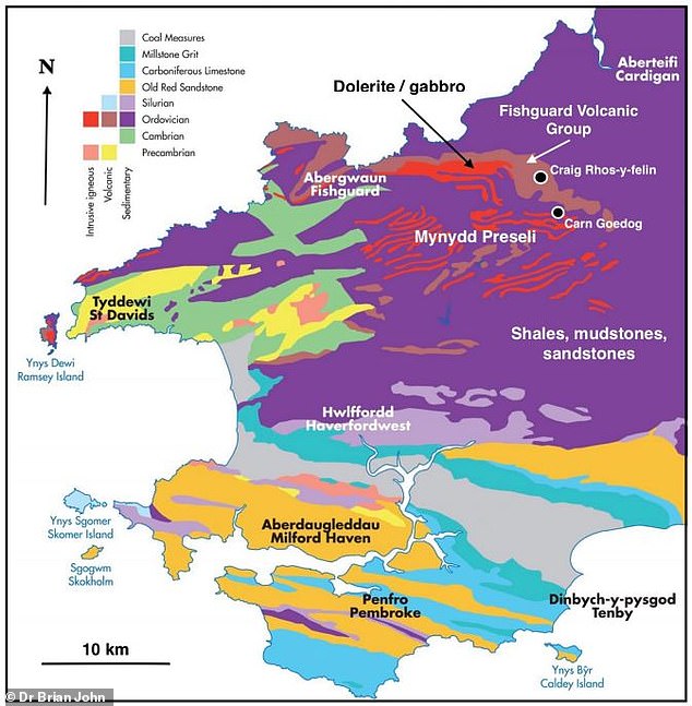 This map shows the variety of stones present in South West Wales.  Dr.  John says the variety of bluestone types is similar to the way a glacier would collect rocks from many different places