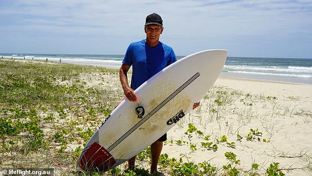 The four-time winner of the Australian Surfing Championships (pictured) feared the worst as doctors rushed to repair a hole that had opened in one of his arteries.