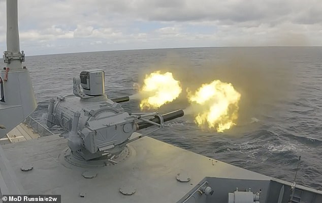 The Russian frigate Admiral Gorshkov is seen firing its weapons during a Russian naval exercise
