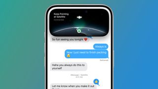 An iPhone on a teal background with satellite messages in iOS 18