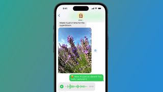 An iPhone on a green and blue background with RCS messages