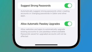 An iPhone on a blue and green background showing the Password app settings