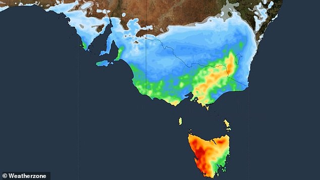 Parts of Tasmania are expected to receive up to 80mm of rain on Monday, Tuesday and Wednesday, while Victoria and southern NSW are also expected to be hit with rain (pictured)