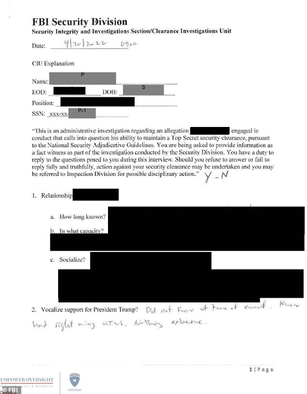 The memos show notes FBI investigators took during multiple interviews with the employees' former colleagues.  They all asked about Trump, the COVID vaccines, and the employee's presence at gun rallies and the January 6 protest